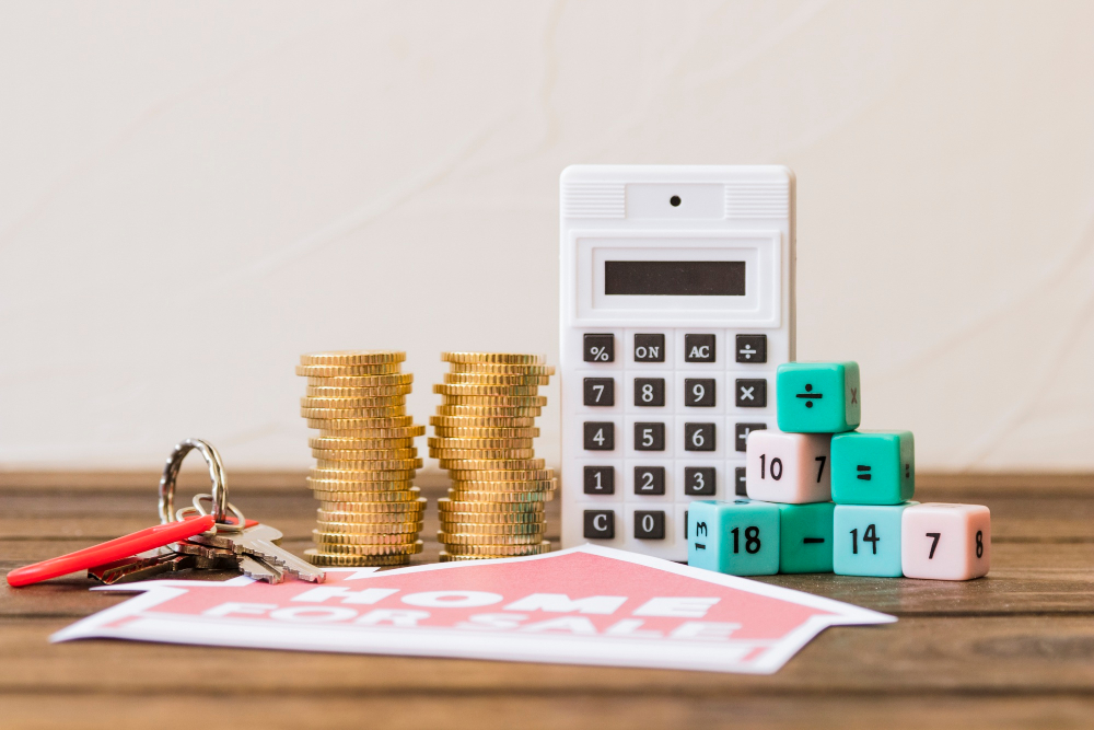 Coins, calculator and dices